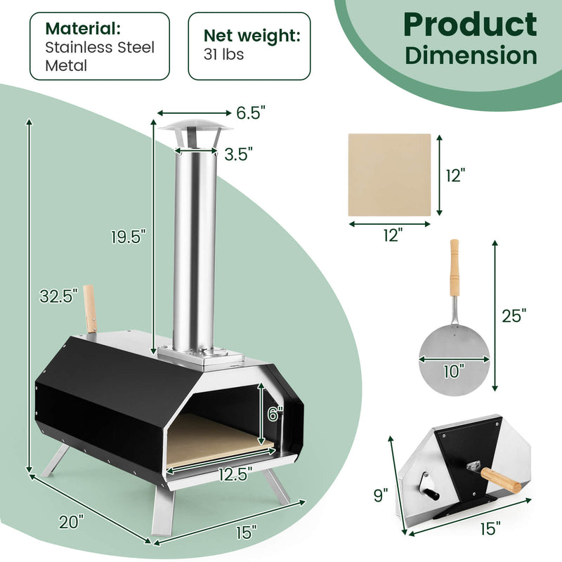 Outdoor Pizza Oven with Pizza Stone and Foldable Legs for Camping - Black