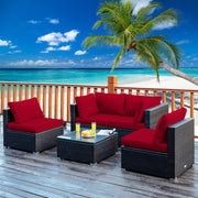 Costway - 5 Pieces Cushioned Patio Rattan Furniture Set with Glass Table-Red