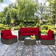 Costway - 5 Pieces Cushioned Patio Rattan Furniture Set with Glass Table-Red