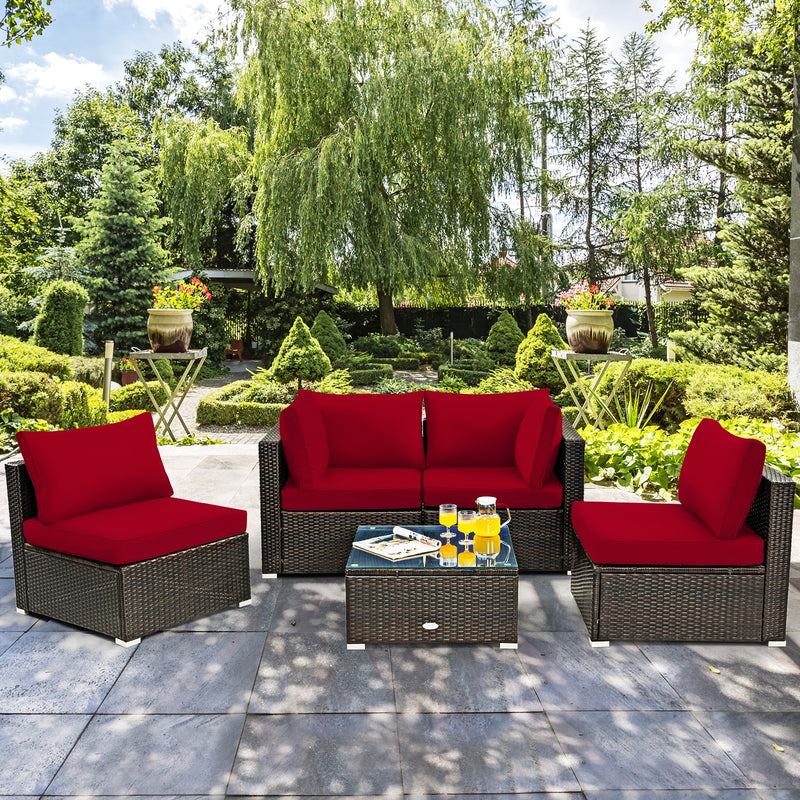 Costway - 5 Pieces Cushioned Patio Rattan Furniture Set with Glass Table-Red