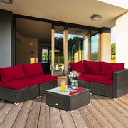 Costway - 5 Pieces Cushioned Patio Rattan Furniture Set with Glass Table-Red