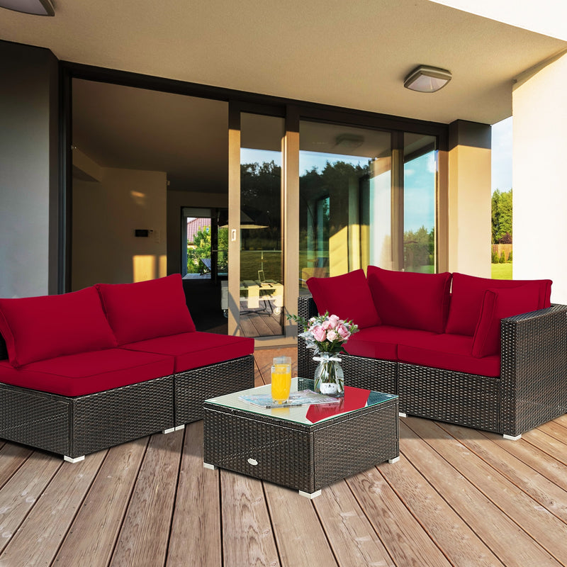 Costway - 5 Pieces Cushioned Patio Rattan Furniture Set with Glass Table-Red