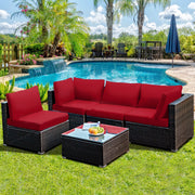 Costway - 5 Pieces Cushioned Patio Rattan Furniture Set with Glass Table-Red