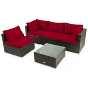 Costway - 5 Pieces Cushioned Patio Rattan Furniture Set with Glass Table-Red