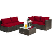Costway - 5 Pieces Cushioned Patio Rattan Furniture Set with Glass Table-Red