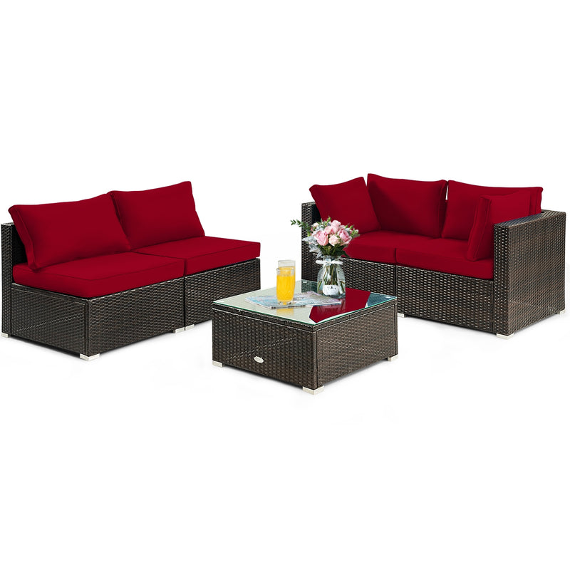 Costway - 5 Pieces Cushioned Patio Rattan Furniture Set with Glass Table-Red