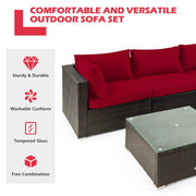 Costway - 5 Pieces Cushioned Patio Rattan Furniture Set with Glass Table-Red