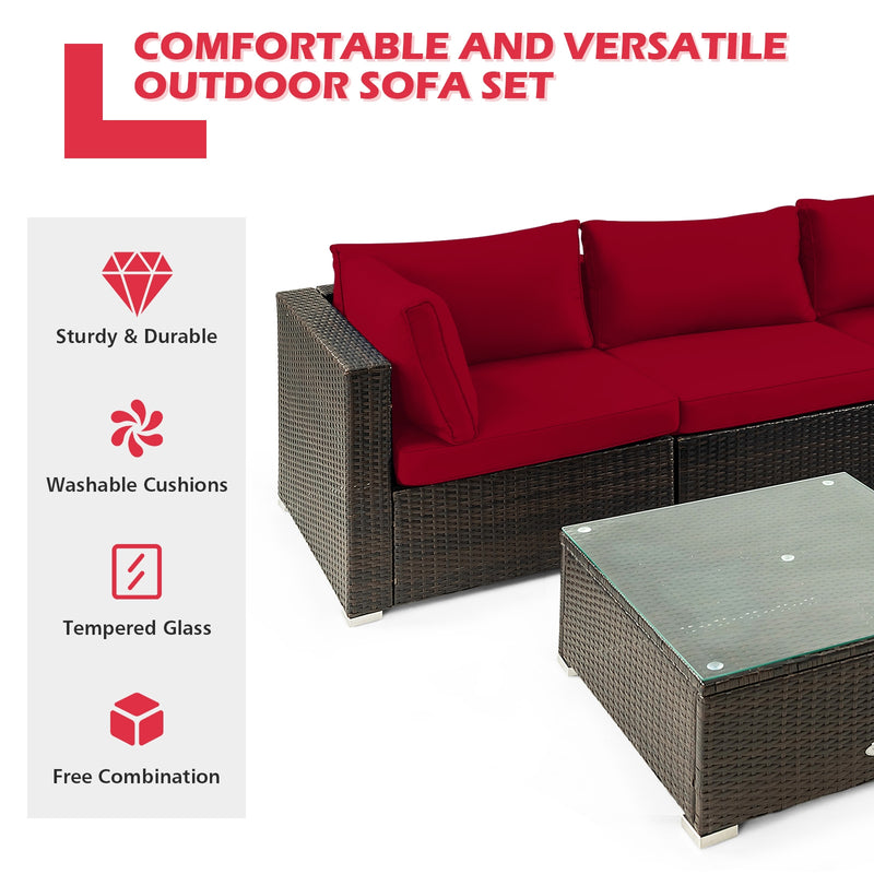 Costway - 5 Pieces Cushioned Patio Rattan Furniture Set with Glass Table-Red