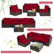 Costway - 5 Pieces Cushioned Patio Rattan Furniture Set with Glass Table-Red