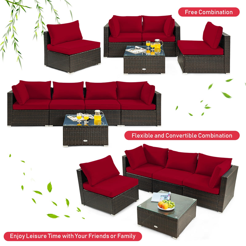 Costway - 5 Pieces Cushioned Patio Rattan Furniture Set with Glass Table-Red