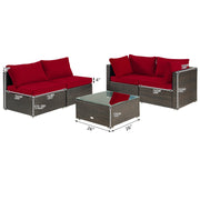 Costway - 5 Pieces Cushioned Patio Rattan Furniture Set with Glass Table-Red