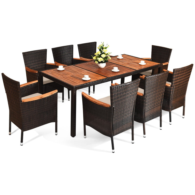 Costway - 9 Pieces Rattan Dining Set with Acacia Wood Table and Stackable Cushioned Chairs