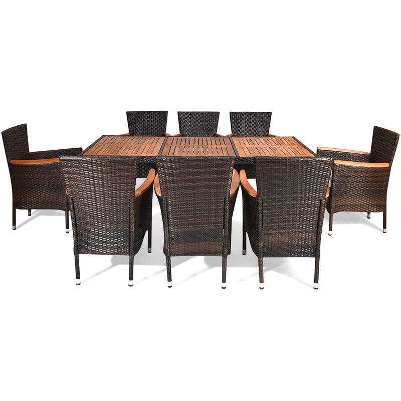 Costway - 9 Pieces Rattan Dining Set with Acacia Wood Table and Stackable Cushioned Chairs