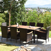Costway - 9 Pieces Rattan Dining Set with Acacia Wood Table and Stackable Cushioned Chairs