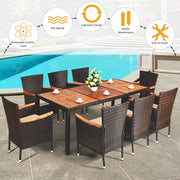 Costway - 9 Pieces Rattan Dining Set with Acacia Wood Table and Stackable Cushioned Chairs