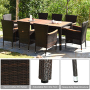 Costway - 9 Pieces Rattan Dining Set with Acacia Wood Table and Stackable Cushioned Chairs