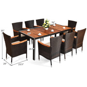 Costway - 9 Pieces Rattan Dining Set with Acacia Wood Table and Stackable Cushioned Chairs