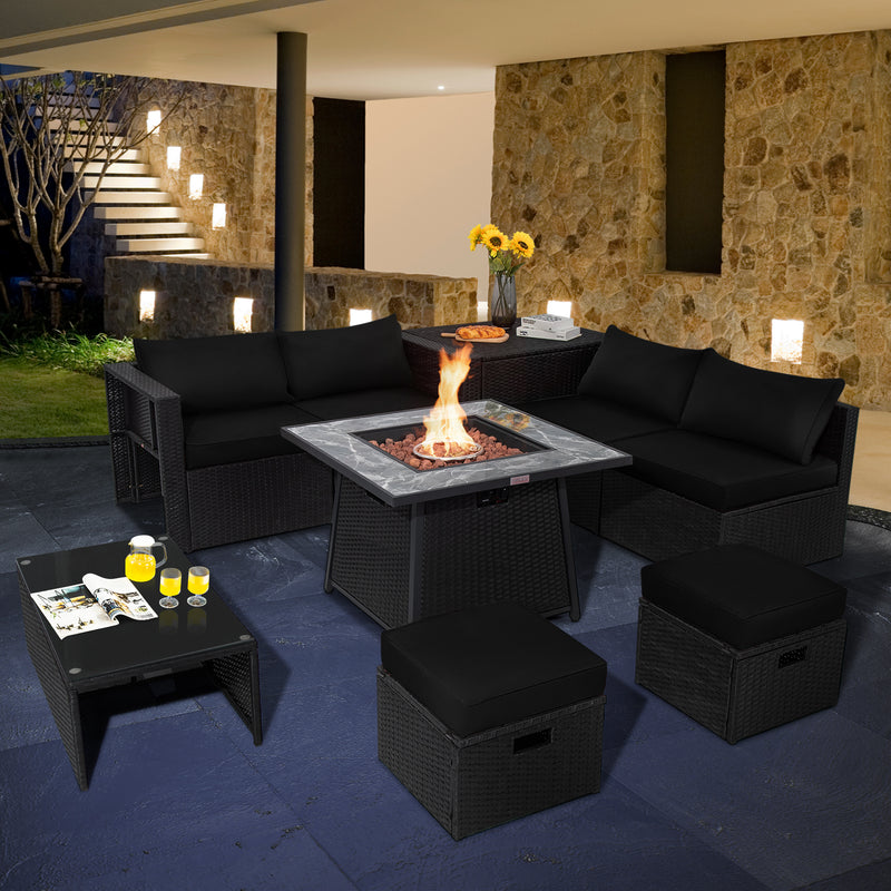 Costway - 9 Pieces Outdoor Wicker Sectional with 35 Inch Gas Fire Pit Table-Black