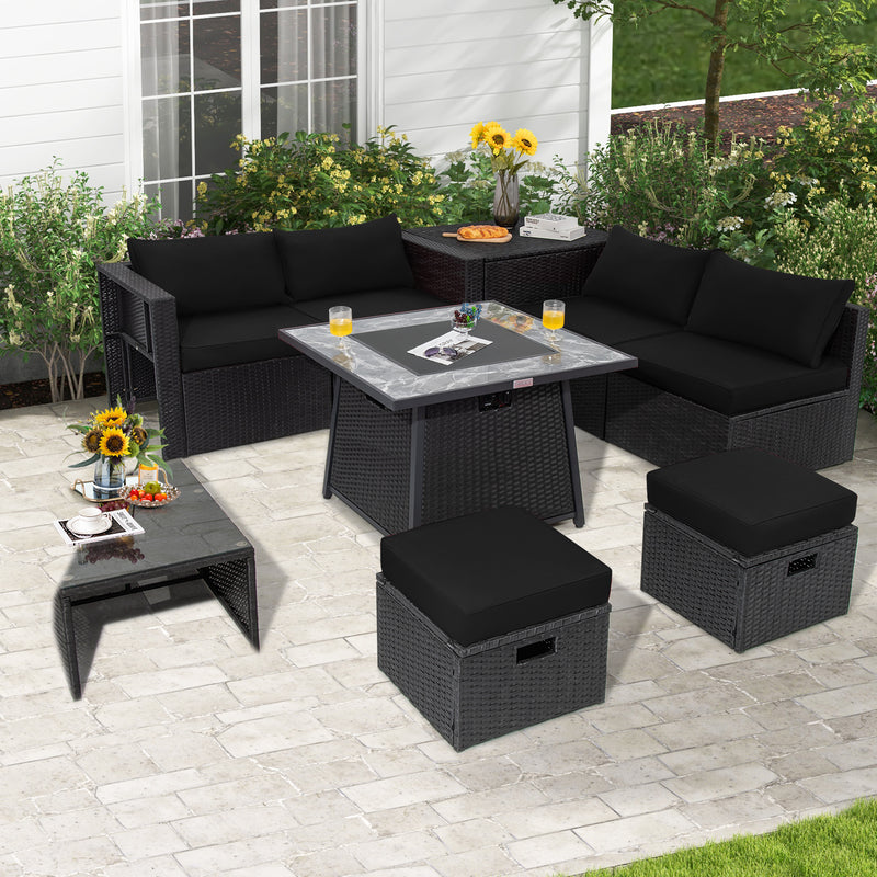 Costway - 9 Pieces Outdoor Wicker Sectional with 35 Inch Gas Fire Pit Table-Black