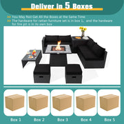 Costway - 9 Pieces Outdoor Wicker Sectional with 35 Inch Gas Fire Pit Table-Black