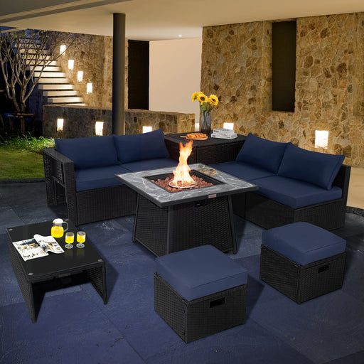 Costway - 9 Pieces Outdoor Wicker Sectional with 35 Inch Gas Fire Pit Table-Navy