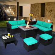 Costway - 9 Pieces Outdoor Wicker Sectional with 35 Inch Gas Fire Pit Table-Turquoise