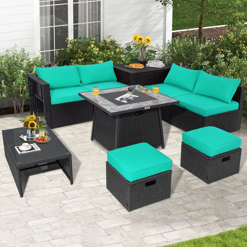 Costway - 9 Pieces Outdoor Wicker Sectional with 35 Inch Gas Fire Pit Table-Turquoise