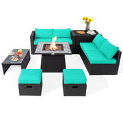 Costway - 9 Pieces Outdoor Wicker Sectional with 35 Inch Gas Fire Pit Table-Turquoise