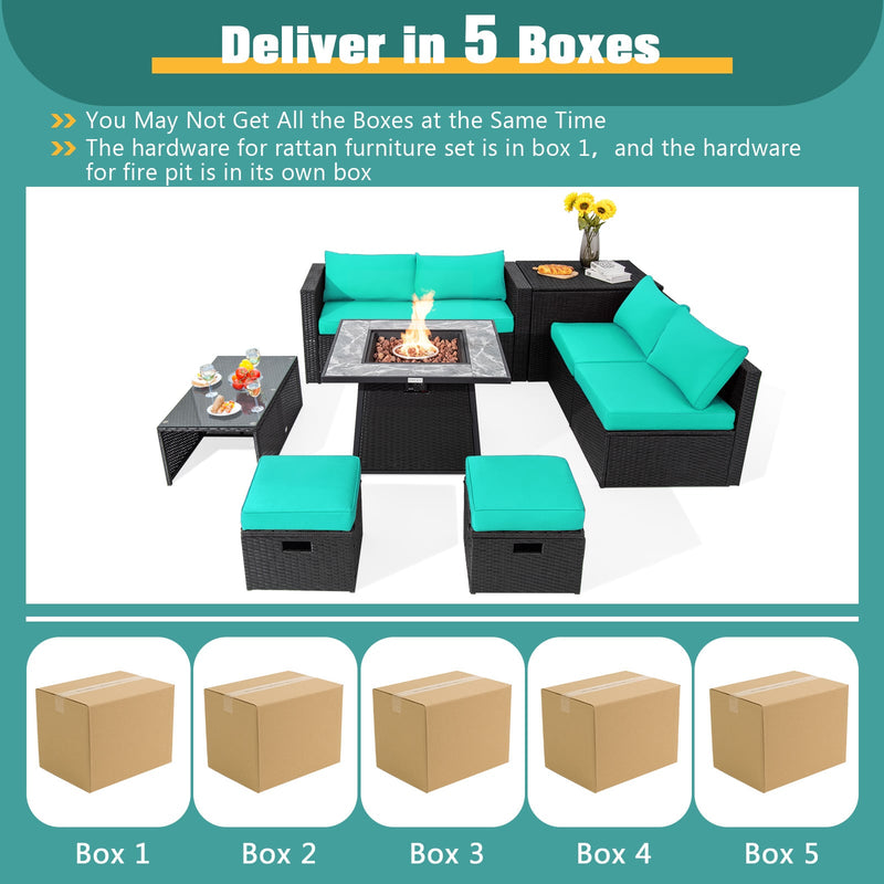 Costway - 9 Pieces Outdoor Wicker Sectional with 35 Inch Gas Fire Pit Table-Turquoise