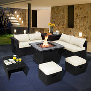 Costway - 9 Pieces Outdoor Wicker Sectional with 35 Inch Gas Fire Pit Table-Off White