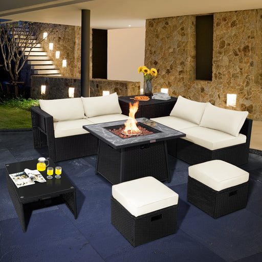 Costway - 9 Pieces Outdoor Wicker Sectional with 35 Inch Gas Fire Pit Table-Off White
