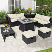 Costway - 9 Pieces Outdoor Wicker Sectional with 35 Inch Gas Fire Pit Table-Off White