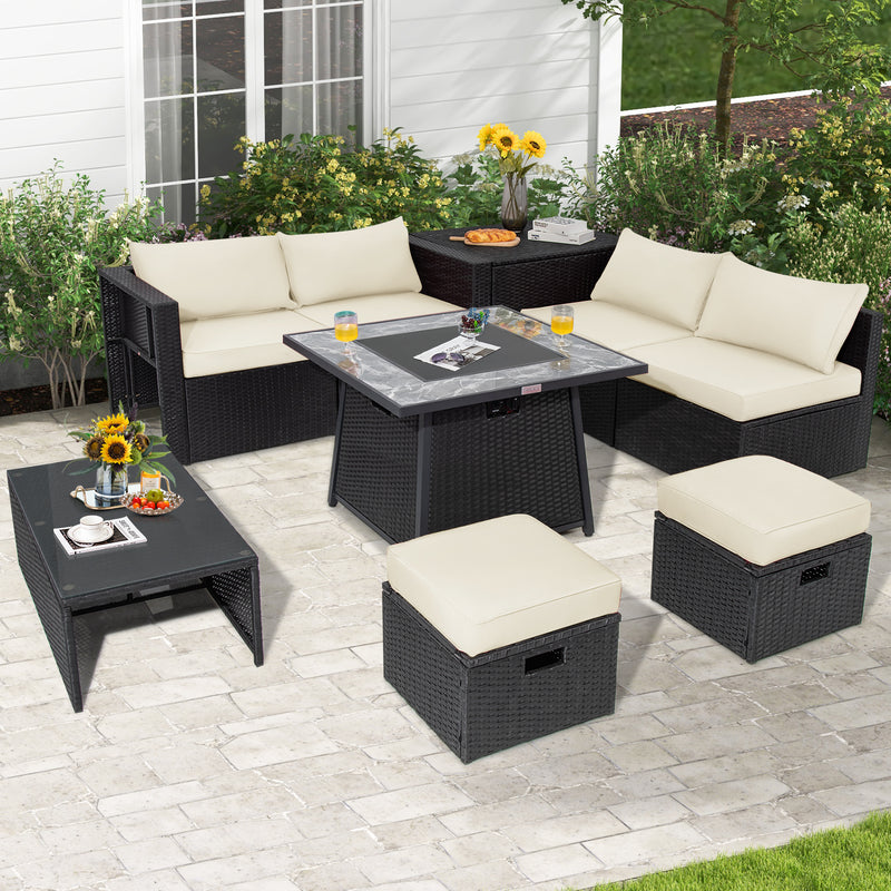 Costway - 9 Pieces Outdoor Wicker Sectional with 35 Inch Gas Fire Pit Table-Off White