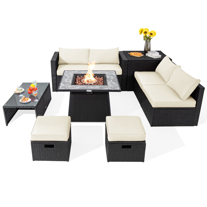 Costway - 9 Pieces Outdoor Wicker Sectional with 35 Inch Gas Fire Pit Table-Off White