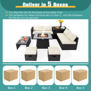 Costway - 9 Pieces Outdoor Wicker Sectional with 35 Inch Gas Fire Pit Table-Off White