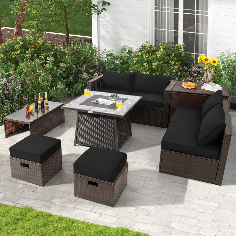 Costway - 9 Pieces Patio PE Wicker Sectional Set with 50000 BTU Fire Pit Table-Black