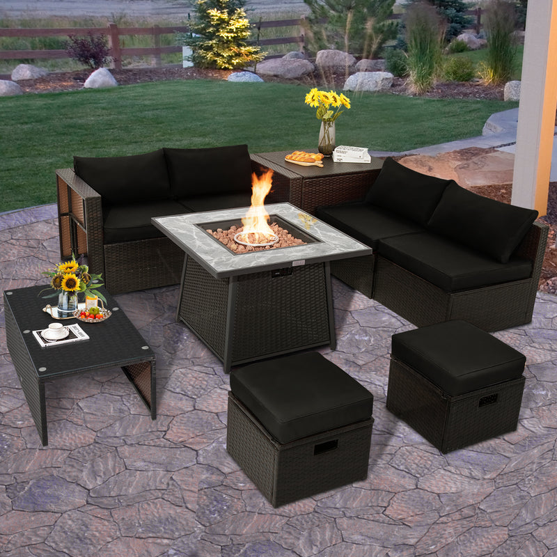 Costway - 9 Pieces Patio PE Wicker Sectional Set with 50000 BTU Fire Pit Table-Black