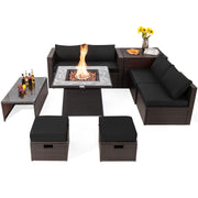 Costway - 9 Pieces Patio PE Wicker Sectional Set with 50000 BTU Fire Pit Table-Black