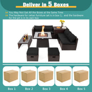 Costway - 9 Pieces Patio PE Wicker Sectional Set with 50000 BTU Fire Pit Table-Black