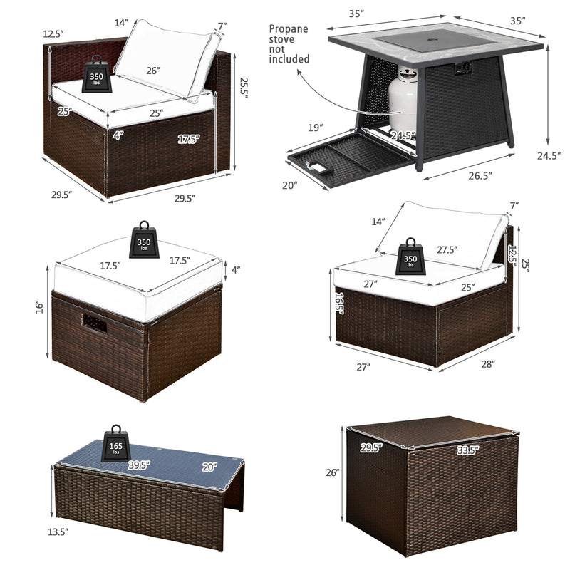 Costway - 9 Pieces Patio PE Wicker Sectional Set with 50000 BTU Fire Pit Table-Black