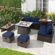 Costway - 9 Pieces Patio PE Wicker Sectional Set with 50000 BTU Fire Pit Table-Navy