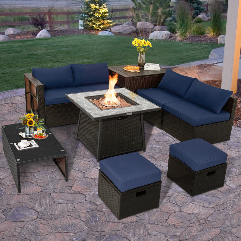 Costway - 9 Pieces Patio PE Wicker Sectional Set with 50000 BTU Fire Pit Table-Navy