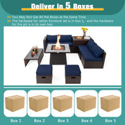 Costway - 9 Pieces Patio PE Wicker Sectional Set with 50000 BTU Fire Pit Table-Navy