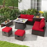 Costway - 9 Pieces Patio PE Wicker Sectional Set with 50000 BTU Fire Pit Table-Red
