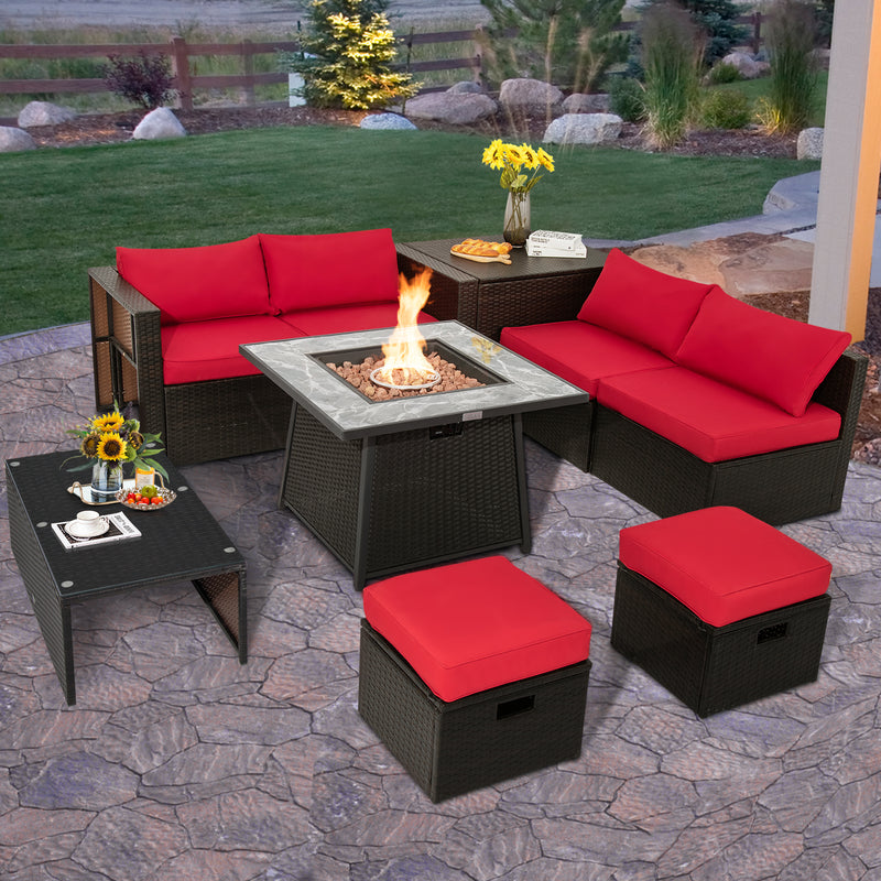Costway - 9 Pieces Patio PE Wicker Sectional Set with 50000 BTU Fire Pit Table-Red