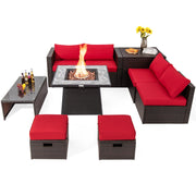 Costway - 9 Pieces Patio PE Wicker Sectional Set with 50000 BTU Fire Pit Table-Red