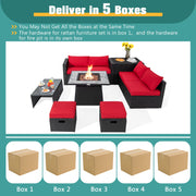 Costway - 9 Pieces Patio PE Wicker Sectional Set with 50000 BTU Fire Pit Table-Red