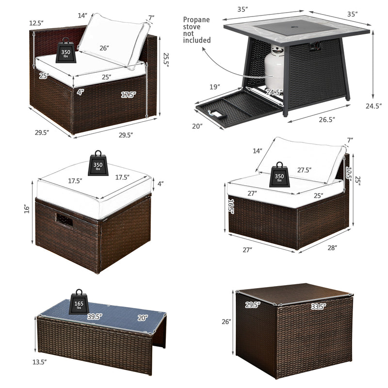 Costway - 9 Pieces Patio PE Wicker Sectional Set with 50000 BTU Fire Pit Table-Red