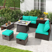 Costway - 9 Pieces Patio PE Wicker Sectional Set with 50000 BTU Fire Pit Table-Turquoise