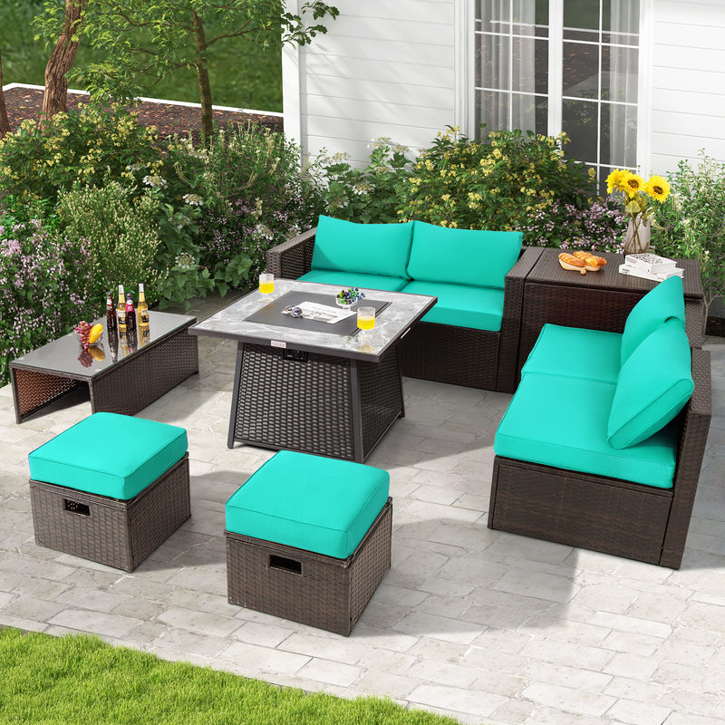 Costway - 9 Pieces Patio PE Wicker Sectional Set with 50000 BTU Fire Pit Table-Turquoise